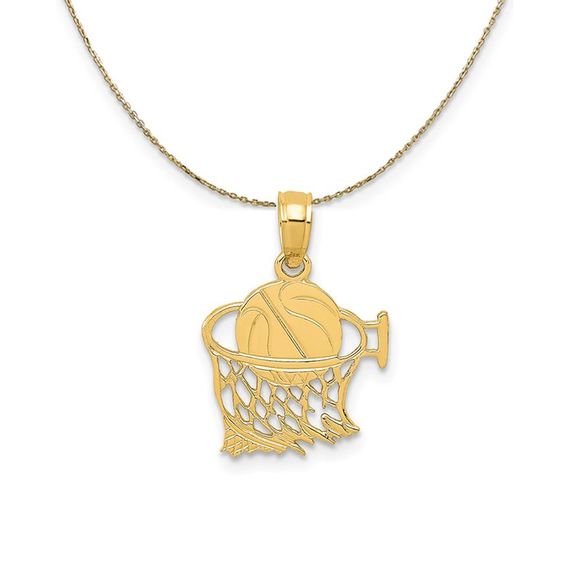 14k Yellow Gold Small Basketball in Net Necklace - 20 Inch